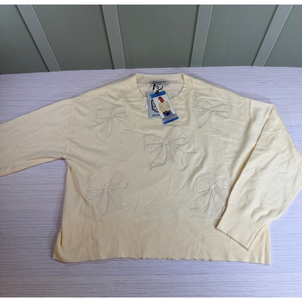 Bridgerton Netflix Lace Bow Applique Sweater Cream Women Large BRIR002A New